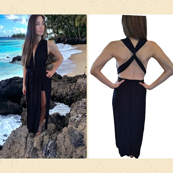 Keliki Hawaiian Romper Maxi Dress Women's Sz S Black Krinkle Tropical Beachwear - Picture 1 of 14